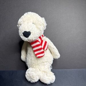 Cream Plush Polar Bear with Red & White Striped Scarf